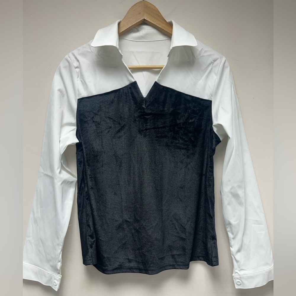 Black and White Collared Women's Blouse with Velvet Detail